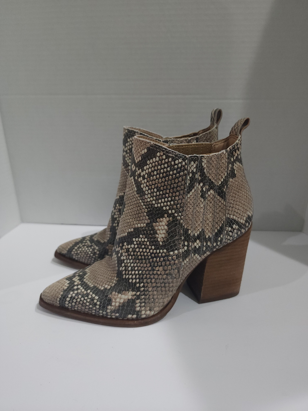Vince Camuto Beige and Black Snake-Print Pointed Ankle Boots